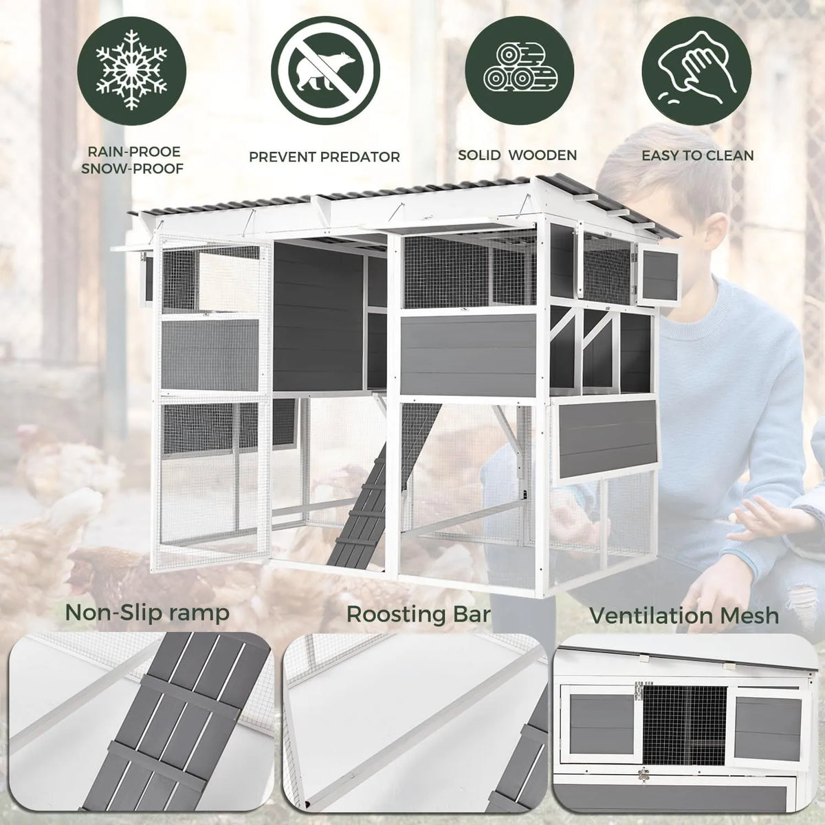 Extra Large Chicken Coop w/ Run, Wood Chicken House w/ Nesting Boxes & Roost Bar