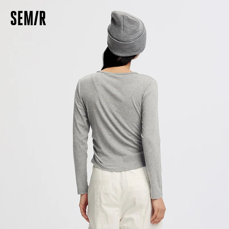 Semir Women T Shirt Cool Touch Slim Fit Mock Two Piece Long Sleeve Henley Cropped Casual Style Lightweight Fashion Tee Everyday