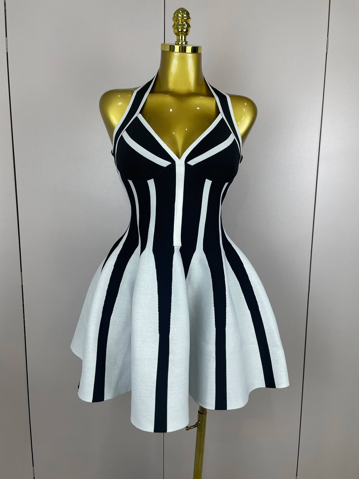 Sexy Backless Black White Stripes Halter Bandage A Line Short Dress 2025Women Celebrity Elegant Evening Party Holiday Club Dress