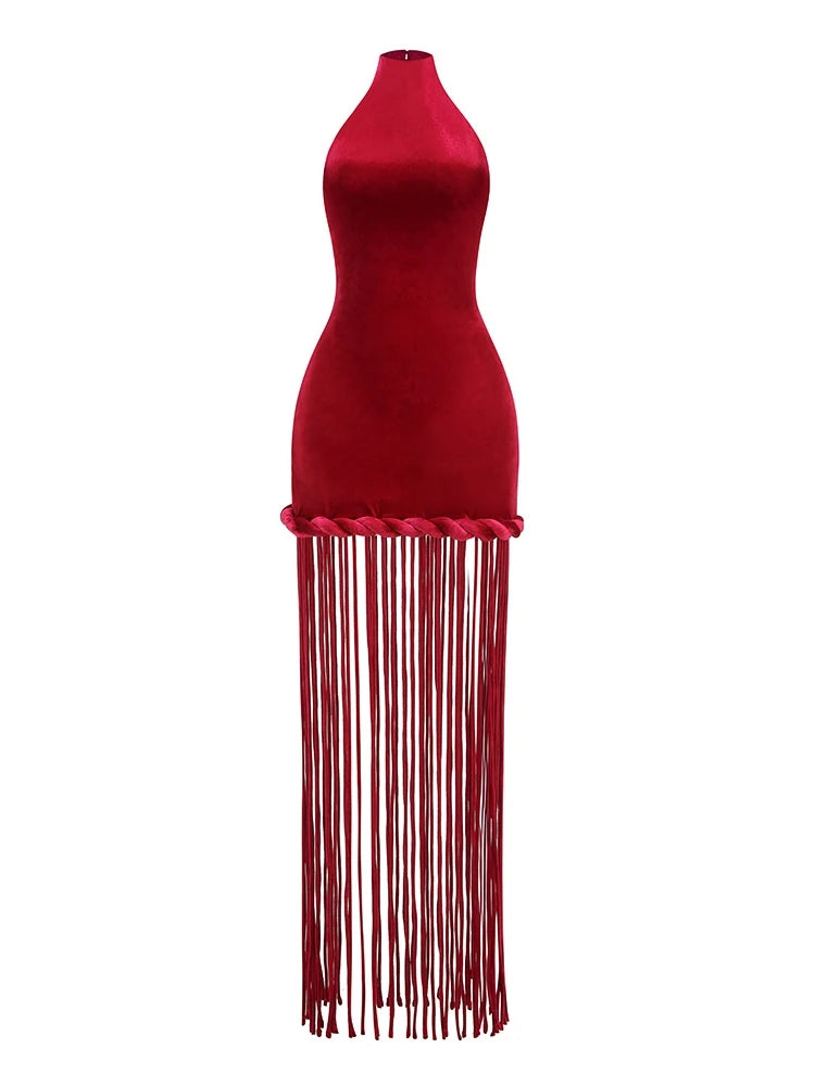 Sexy Halter Neck Patchwork Twist Knot Tassels Long Dress Women Blue Velvet Sleeveless Backless Dresses Evening Party Cocktail