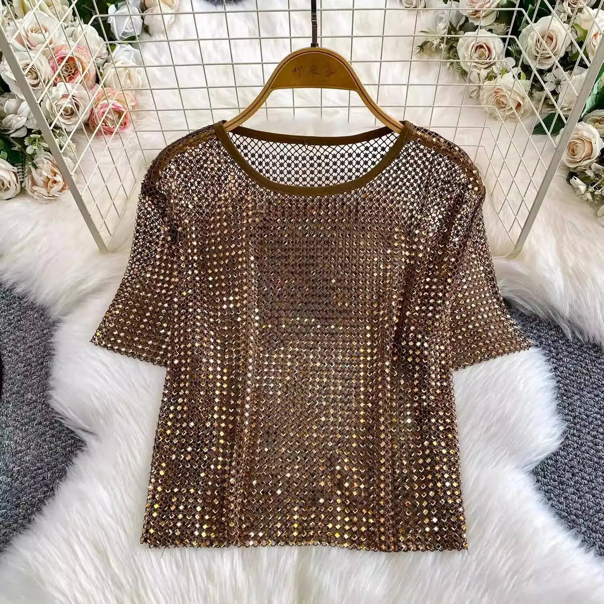 SHENGPALAE 2026 New Autumn Fashion Women Clothing Round Neck Short Sleeves Mesh Hollow Out Pullover T-shirt