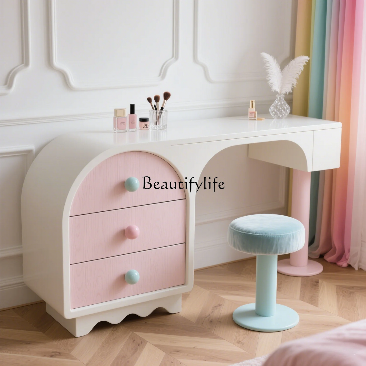 XX39New cream style pink solid wood chest integrated bedroom makeup table storage cabinet
