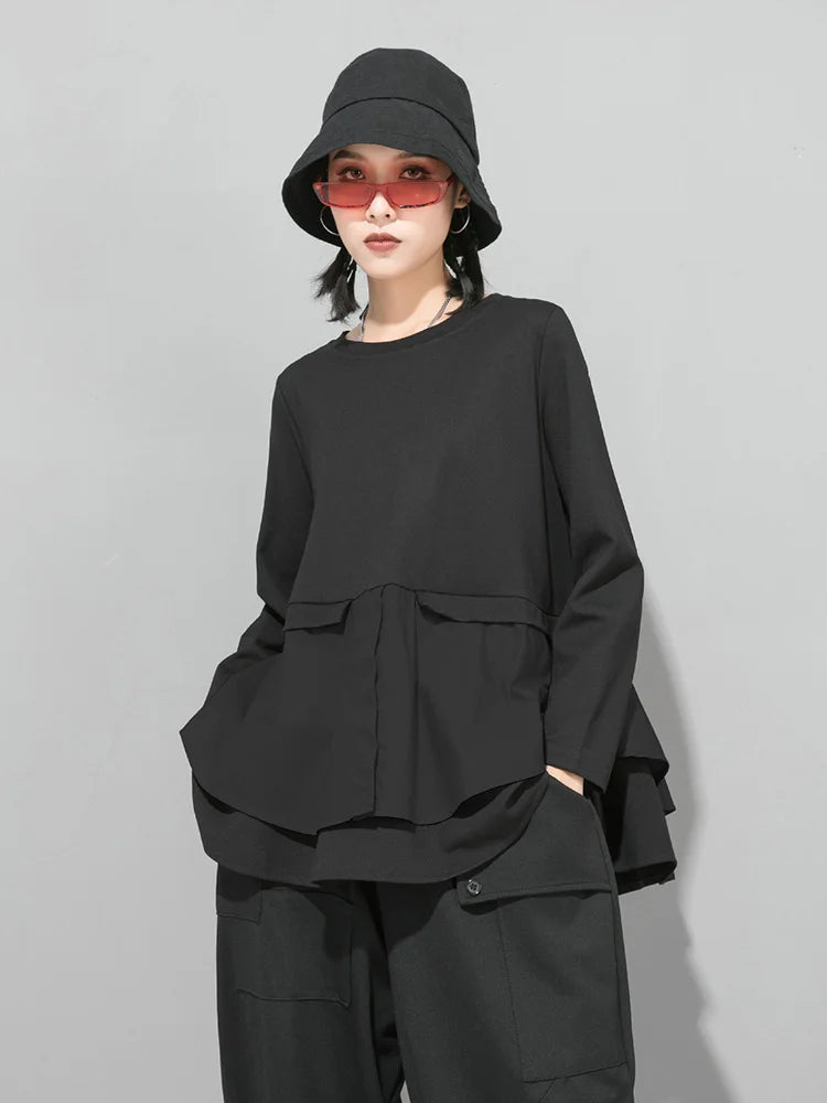 EAM Women Ruffles Hem Big Size Irregular Red T-shirt New Round Neck Long Sleeve Fashion Tide Autumn 2026 1DF1494