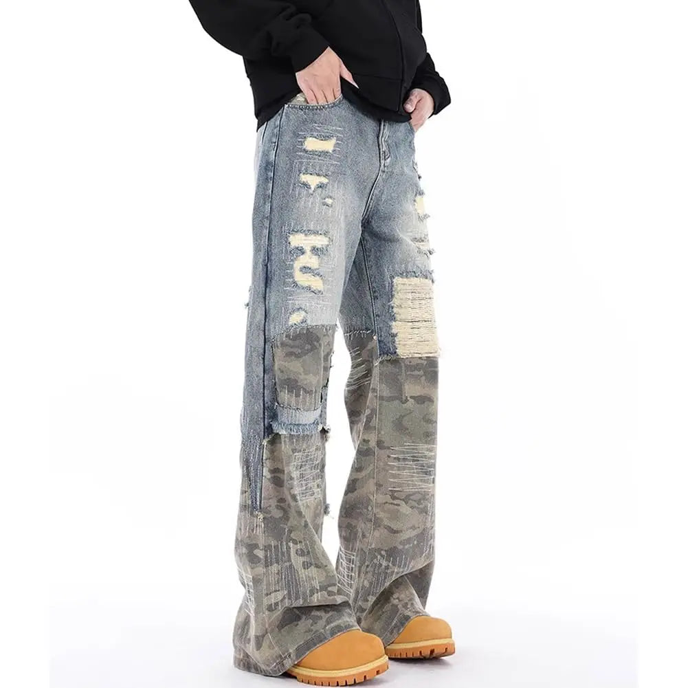 Men's Vintage Distressed Flare Jeans Camo Patchwork Ripped Patch Denim Pants Y2K Street Style Casual Daily Club Wear