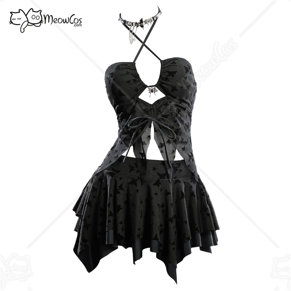 Meowcos.com Women’s Goth Bikini Swimsuit Flocked Butterfly Swimsuit Set with Choker Top Skort Bathing Suit for Beach Pool
