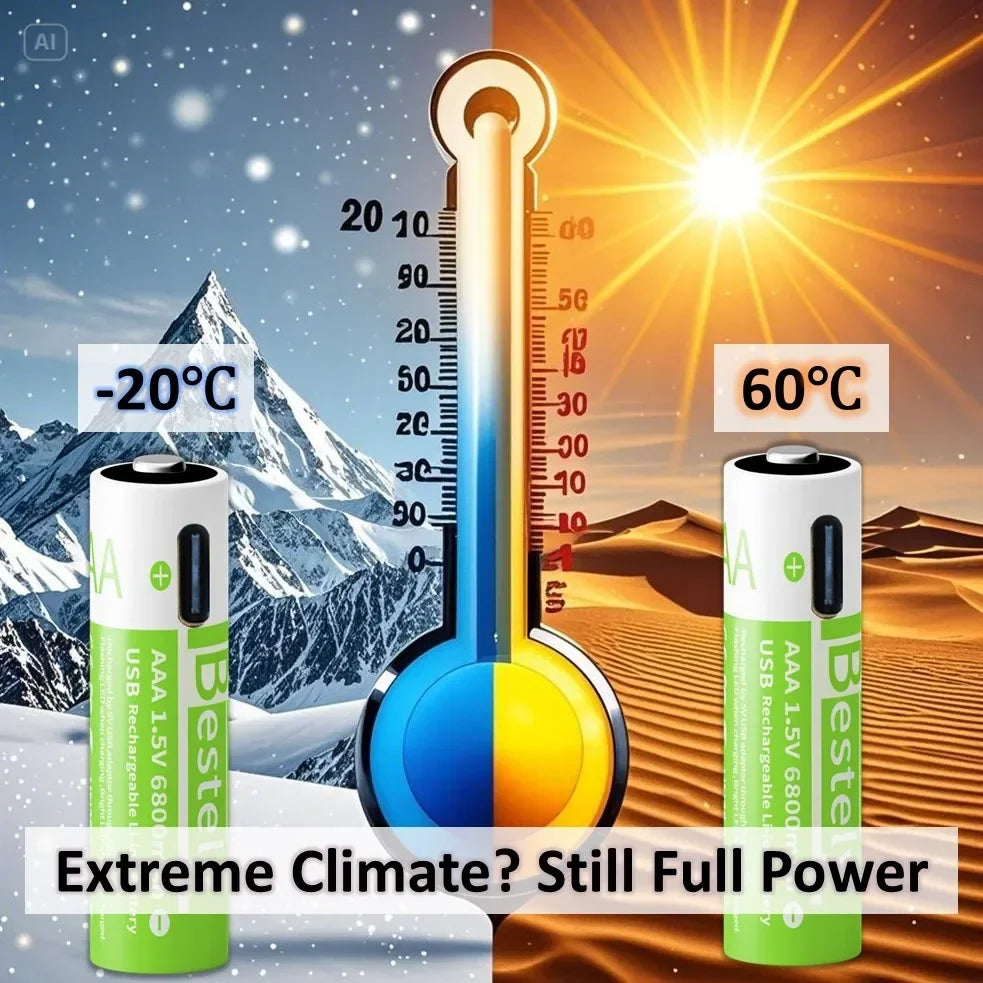 2025 Pro 1.5V AAA 6800mAh Rechargeable Battery, Type-C Fast Charging Li-ion Batteries, 2000 Cycles LED Indicator with Free Cable
