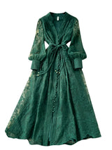 High-End Women's Dress Heavy Embroidery A-Line Long Skirt V-Neck Lantern Sleeve Single Button High Waist Korean Style Commute