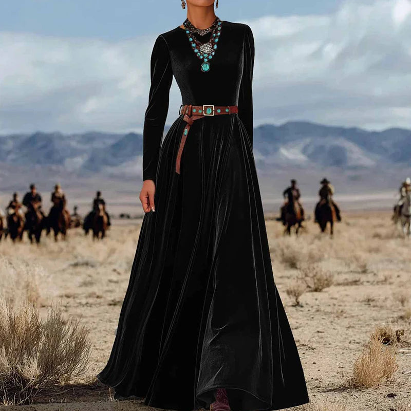 O Neck Solid Patchwork Chic Maxi Dress, Spring Autumn Women Casual Long Sleeve Party Dress, 2025 New Holiday Simple Ladies Dress