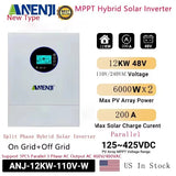 ANENJI Split Phase 12KW 48V Hybrid Solar Inverter 120V 220V Parallel Inverter Pure Sine On Grid MPPT 200A Solar Charger PV 500V