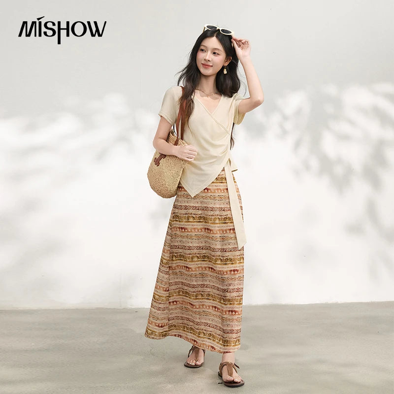 MISHOW Women's Solid V Neck T-Shirt Summer Irregular Hem Ribbon Design Waist Tee Slim Short Sleeve Elegant Casual Top MXF20T1753