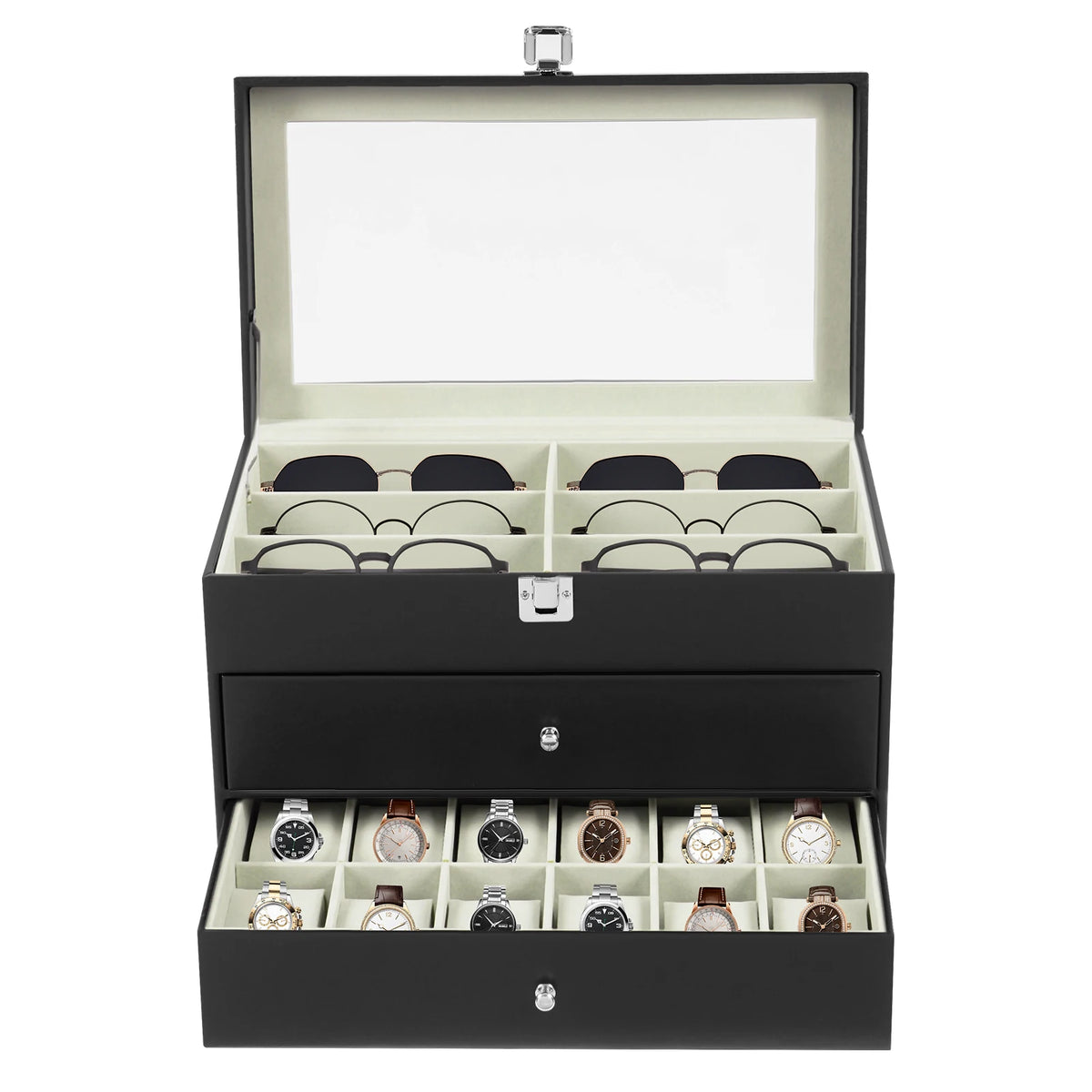 12 Compartment Watches & Glasses Display Box, Watch Box Organizer Storage Case with Large Glass Lid