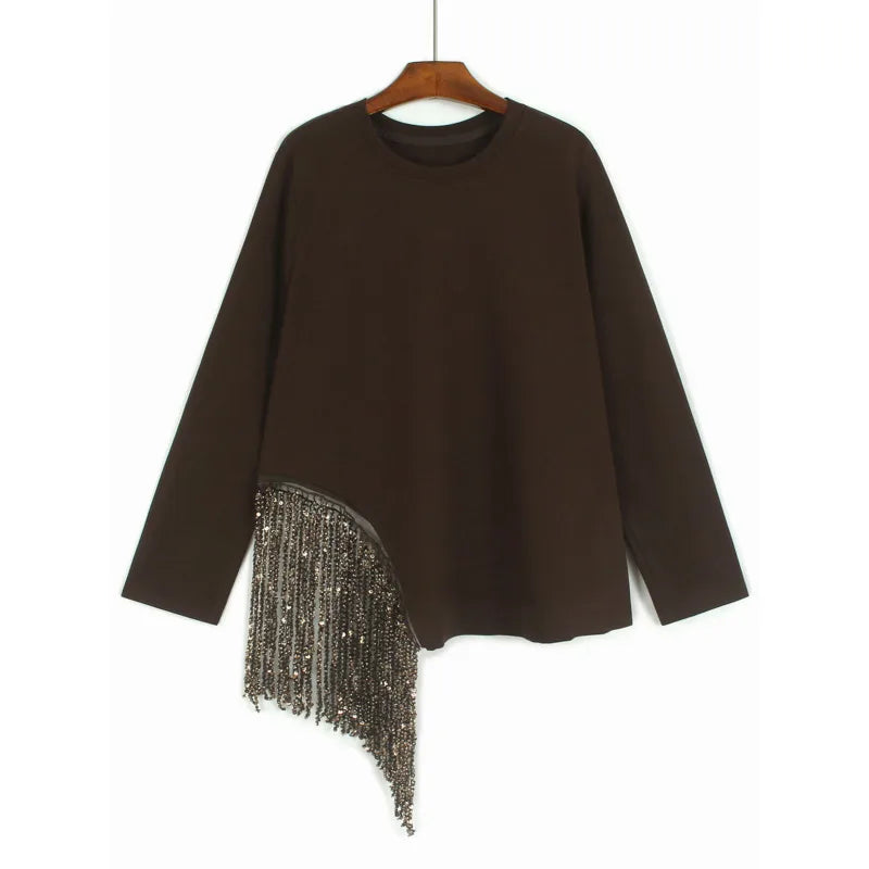[EWQ] Korean Style Unique Design Beaded Tassel T-Shirt Long Sleeve Beautiful Pullover All Match T Shirt For Women Autumn New