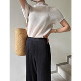 Pleated White Top Half High Neck Short Sleeve T-shirt Women's Black Loose Fashion High Quality Korean Edition Women's Top