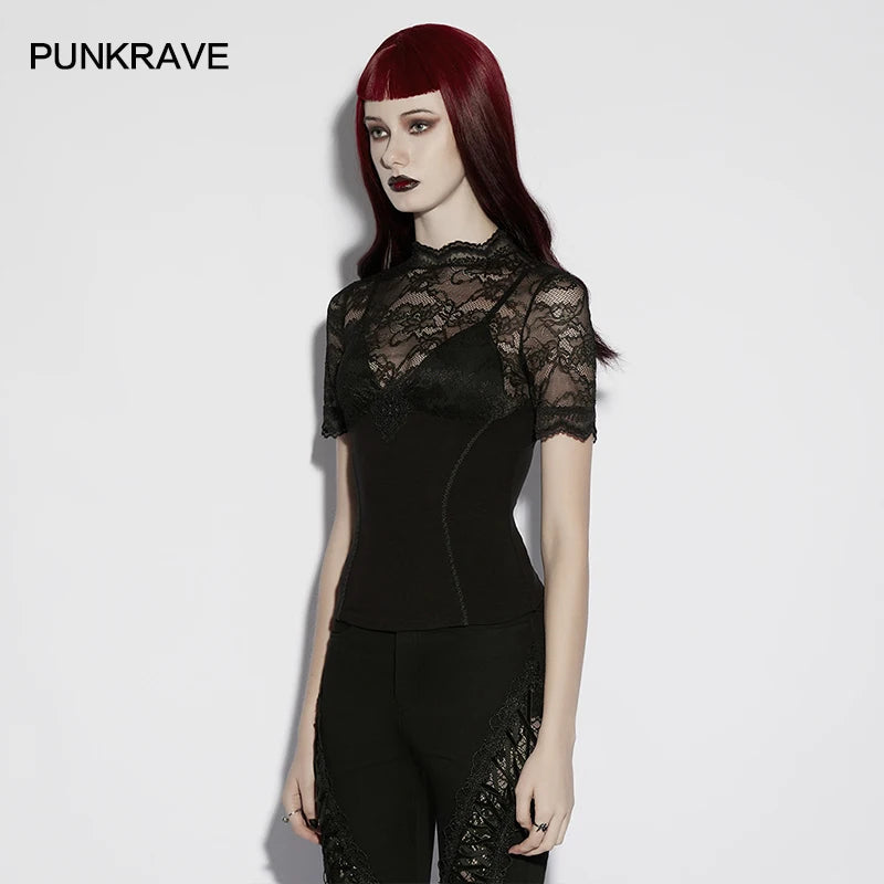 PUNK RAVE Women's Gothic Lace Knitted Elegant Texture Hazy Beauty Short Sleeved T-shirt 3d Small Decal Slim Sexy Tops Summer