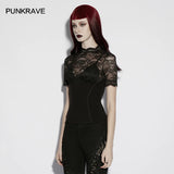 PUNK RAVE Women's Gothic Lace Knitted Elegant Texture Hazy Beauty Short Sleeved T-shirt 3d Small Decal Slim Sexy Tops Summer