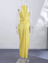 2026 Summer Printed Halter Maxi Dress Women Sleeveless Pleated Chic Satin Long Dresses Fashion Vacation Beach Party Lady Robe
