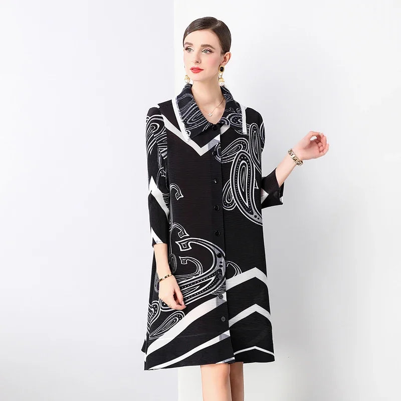 Miyake Pleated Dress Summer Fashion Loose Fit Long Sleeve Elegant Mid-Length Ideal for Covering Up and Relaxing Wear 2024