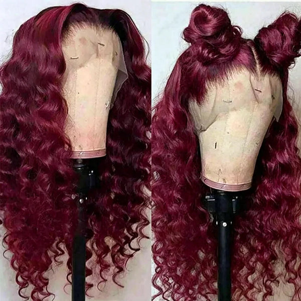 250% 13x4 HD Transparent 99J Burgundy Loose Wave Lace Front Wigs Deep