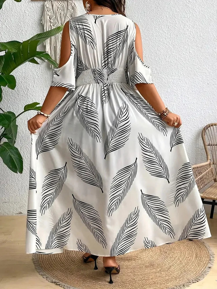 GIBSIE Plus Size Cold Shoulder V-Neck Sexy Printed Dress Women Casual Vacation Beach Big Swing Split Long Dresses 2025 Summer