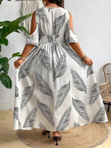GIBSIE Plus Size Cold Shoulder V-Neck Sexy Printed Dress Women Casual Vacation Beach Big Swing Split Long Dresses 2025 Summer