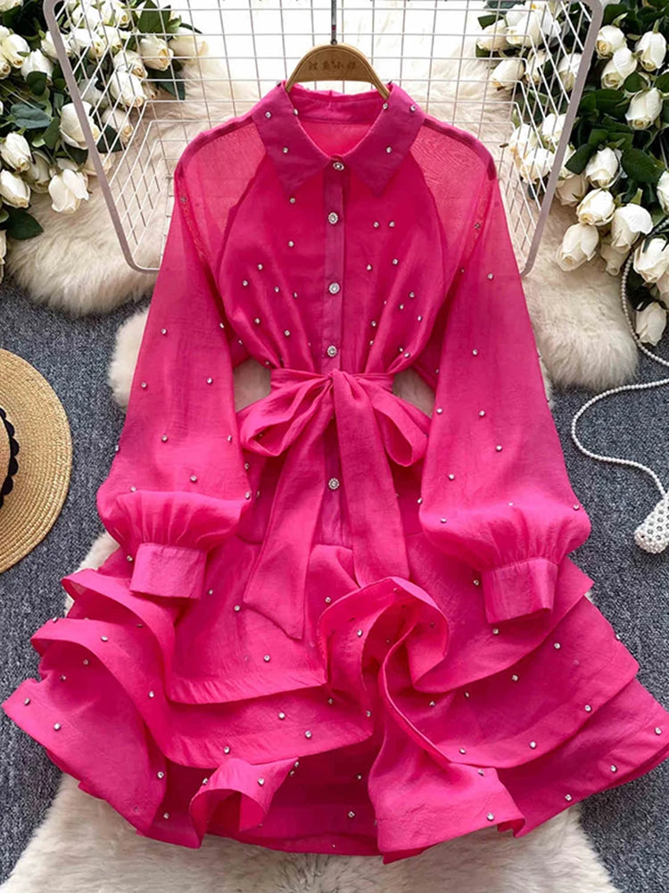 French Diamond Studded Ruffle Edge Dress for Women in Spring Autumn with Straps Long Sleeves Cinching A Fluffy Party Dress C200