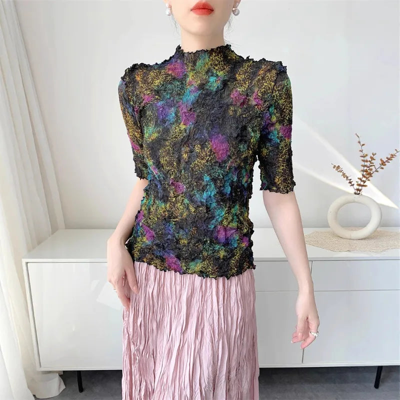 Printed Summer Pleated Top Comfortable Casual Split Loose T-Shirt Round Neck Short Sleeve Stretchy Tight Office Women's