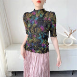 Printed Summer Pleated Top Comfortable Casual Split Loose T-Shirt Round Neck Short Sleeve Stretchy Tight Office Women's