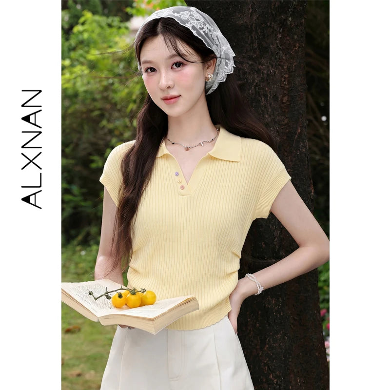 ALXNAN Women's T-shirt Lapel Elegant Casual Knitted Short Sleeve T-shirts 2026 Summer Loose-fit Waist Ruched Tops Female L56365
