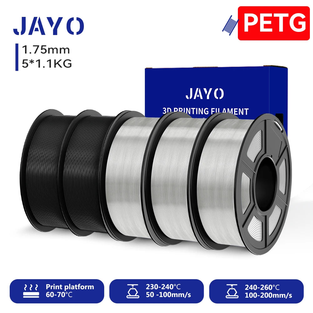 JAYO 3D PETG/PLA/PLA PLUS Filament 1.75mm PLA Filament 5 Rolls For Bambu FDM 3D Printer Neatly Wound 3D Printing Material for 3d