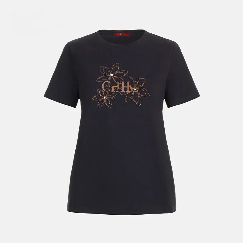 CH Women's Crew Neck T Shirt Floral Embroidery Pearl Decor Short Sleeve Casual Daily Wear Basic Tops