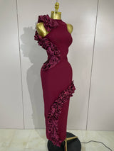 Women 3D Flowers Sexy Sleeveless Wine Red Long Bodycon Bandage Dress Knitted Celebrity Elegant Evening Luxury Club Party Dresses