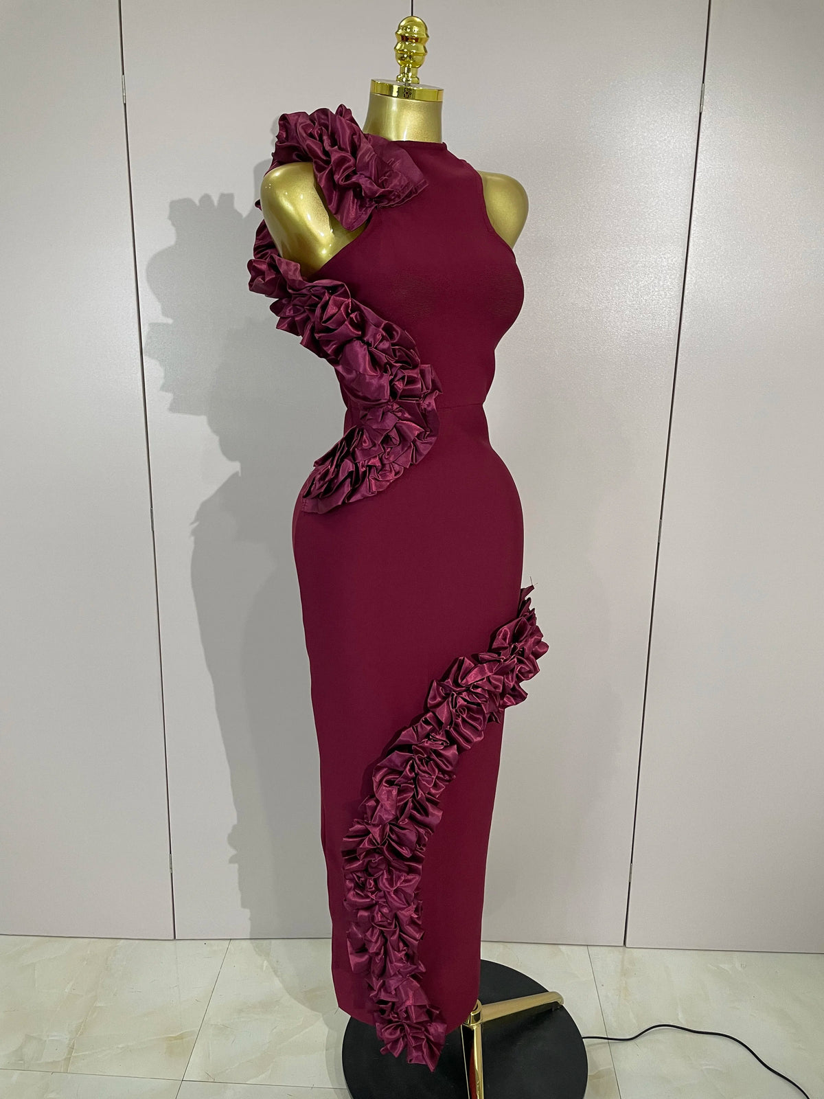 Women 3D Flowers Sexy Sleeveless Wine Red Long Bodycon Bandage Dress Knitted Celebrity Elegant Evening Luxury Club Party Dresses