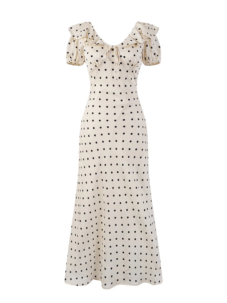 Chu Sau beauty Women New Fashion Sweet Polka Dot Print Chic Ruffles Midi Dress French V-Neck Puff Sleeve Vintage Party Dresses