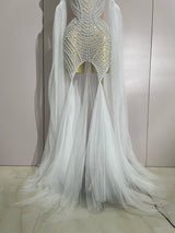 Elegant Sparkly Rhinestone White Pearl Sexy Strapless Mesh Long Dress Wedding Guest Gowns Luxury Birthday Evening Party Dress