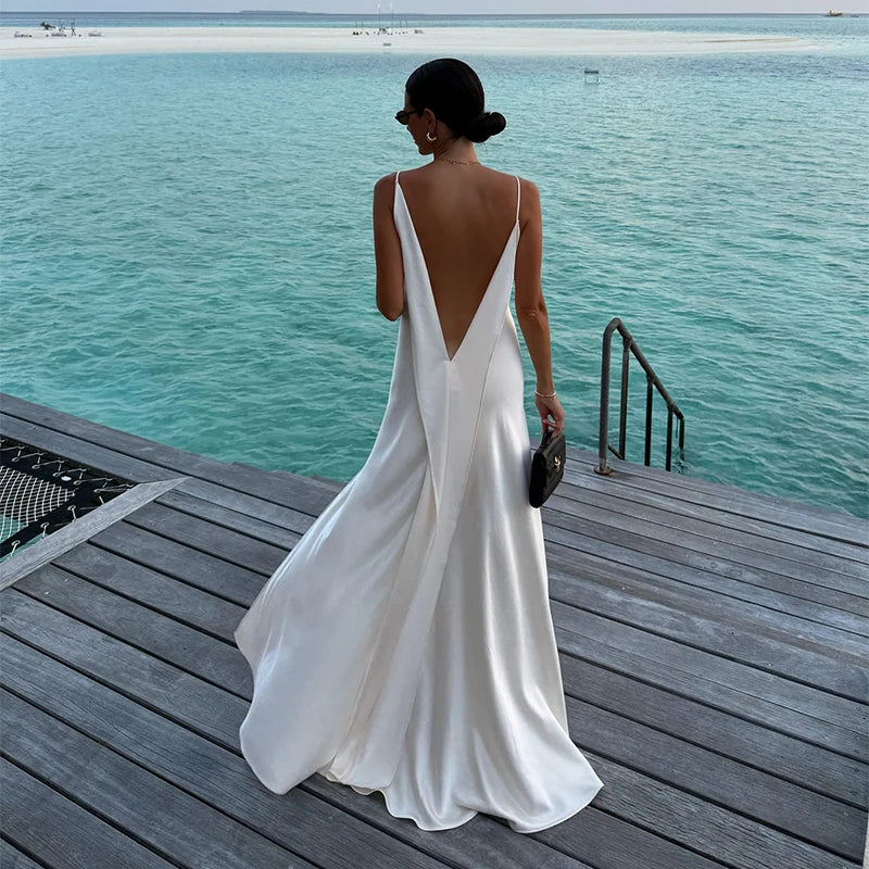 White Dresses Woman V-Neck Waist Cinching Slit Sleeveless Pleated Vacation Maxi Robes Elegant Fashion Women's New Long Dress