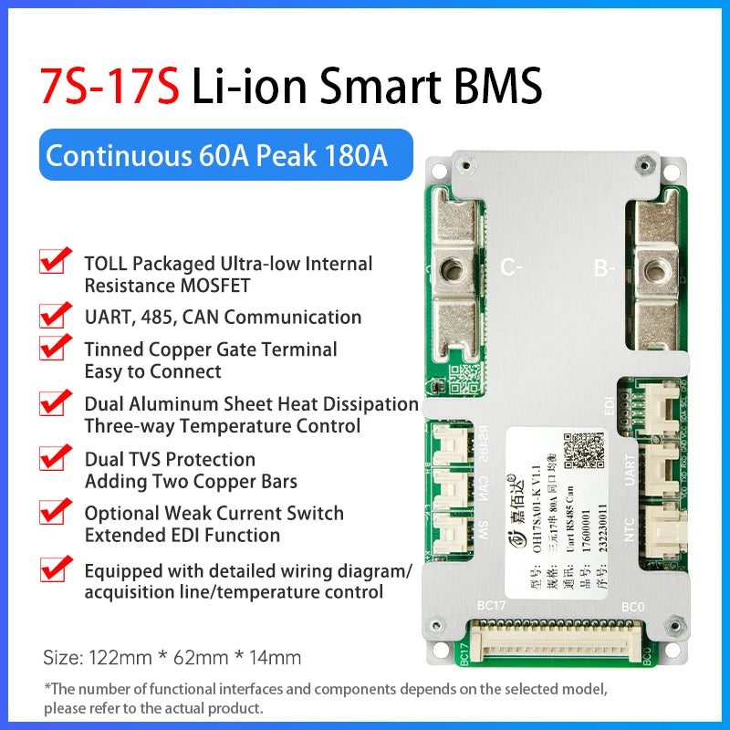 JBD OH17SA01 7S-17S 8S 24V 9S 10S 11S 13S 14S 36V 15S 16S 48V 40A-120A Smart BMS LiFePO4 Li-ion with UART RS485 CAN JR EDI