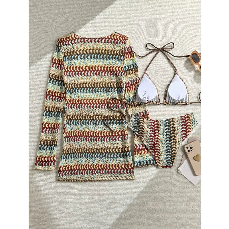 2026 with Long Sleeve Cover Up Printed Bikini Women Swimwear Female Swimsuit Three Pieces Bikini Set Bather Bathing Suit Swim