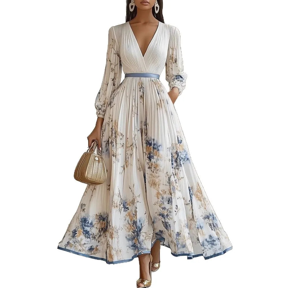Elegant Long Sleeve Maxi Dress Women 2025 Summer Fashion Slim Floral Print V-neck Long Dresses Casual