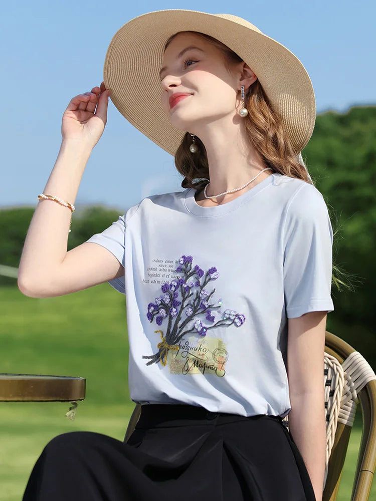 I BELIEVE YOU Beads Embroidered T-shirt Female 2025 Summer Letter Printing Casual Top Short Sleeve Cool Cotton Tees 2251015989