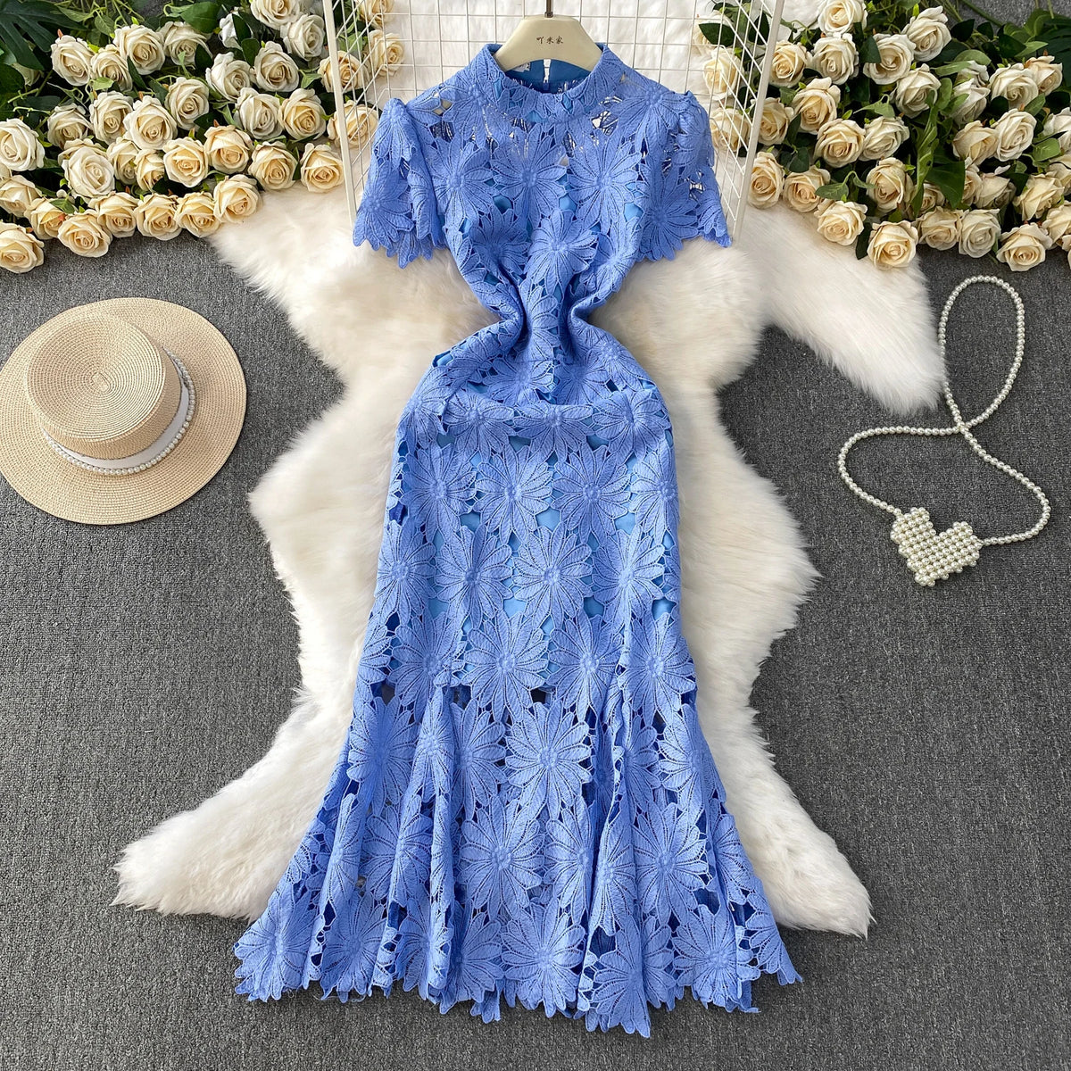 Ele Hollow out Lace Stand Collar Dr Women's Summer Faionable Fi Tail Gown Svel High Waist A-Line Skirt