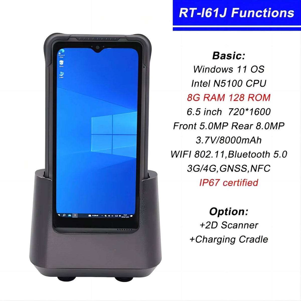 RUGLINE All In One Windows PDA 6.5 Inch Touch Screen Bluetooth Wifi 4G Barcode Scanner Intel N5100 IP67 Waterproof Rugged Tablet