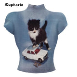 Sexy Vintage Coquette Slim Fit Clubwear Casual Folds Knitted Tees Top Women Hotsweet Cat Print Sheath Street Turtleneck T-shirt