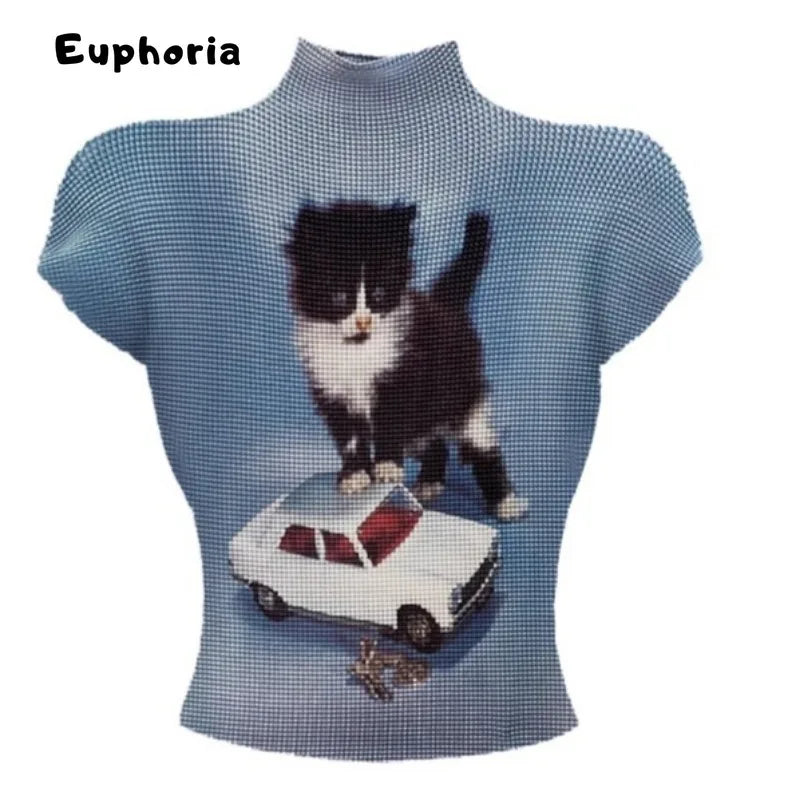 Sexy Vintage Coquette Slim Fit Clubwear Casual Folds Knitted Tees Top Women Hotsweet Cat Print Sheath Street Turtleneck T-shirt