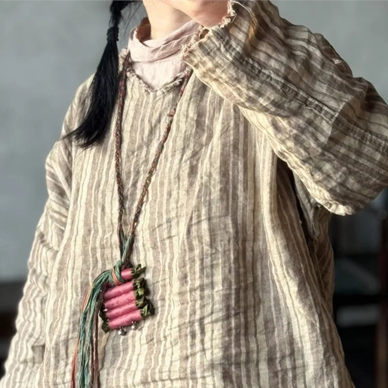 Johnature Women Vintage Striped T-Shirts V-Neck Long Sleeve Loose Linen Tees 2025 New Spring Chinese Style Female T-Shirts