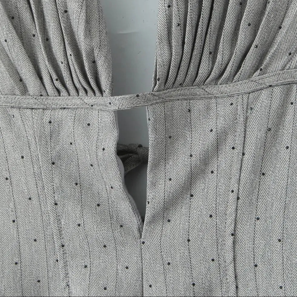 Sexy Women Gray Diamond Dot V Neck Pleated Ruched Halter Dress Backless Slim Low Waist Swing Ball Gown Short Dresses Robe