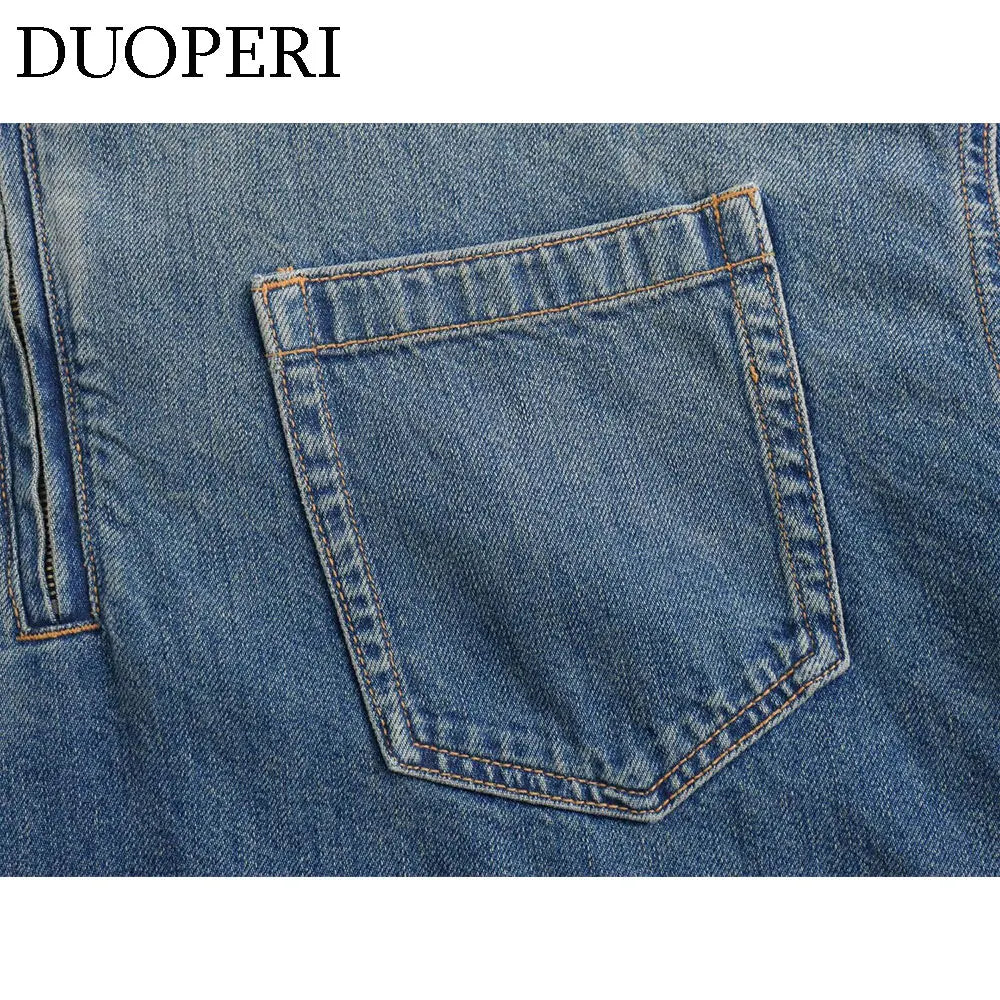 DUOPERI Women Fashion Solid Denim Dress Long Sleeves Female Chic Lady Casual Loose Short Dress
