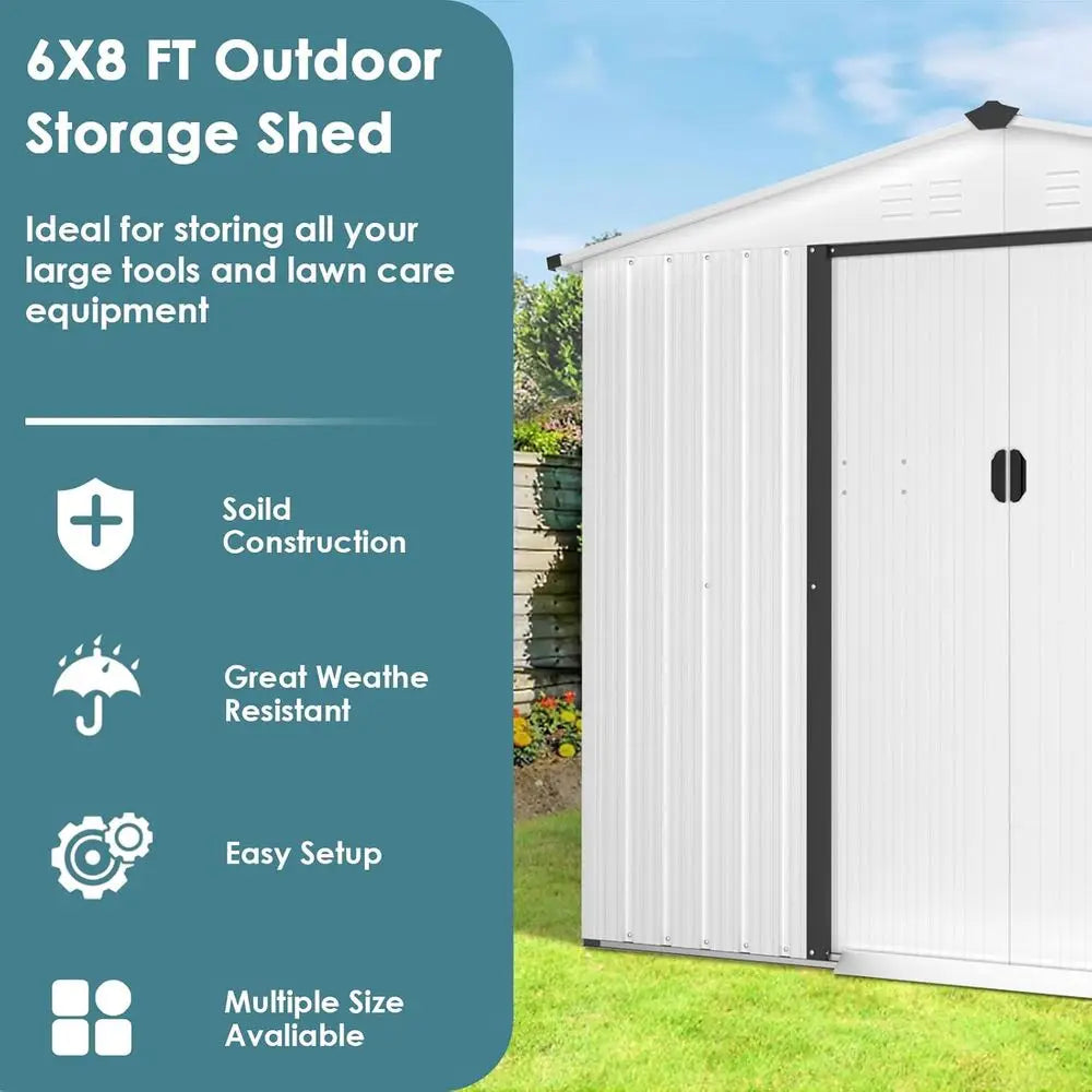 6x8 Outdoor Steel Garden Shed with Sliding Door - White