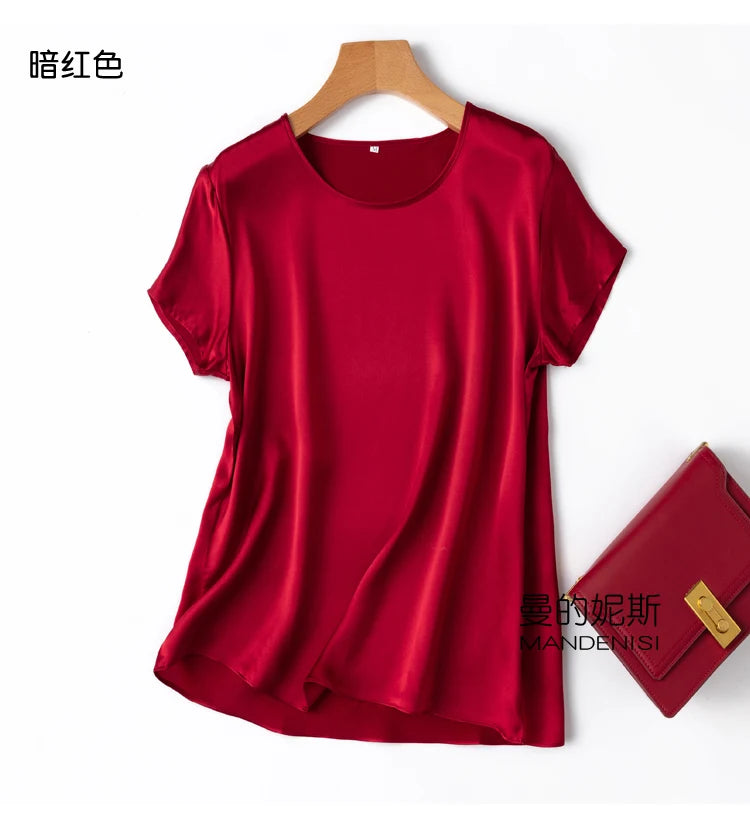 Benefits! Flowing Gem Series Basic Style Versatile Round Neck 100% Mulberry Silk Short Sleeve Silk Satin T-Shirt Top