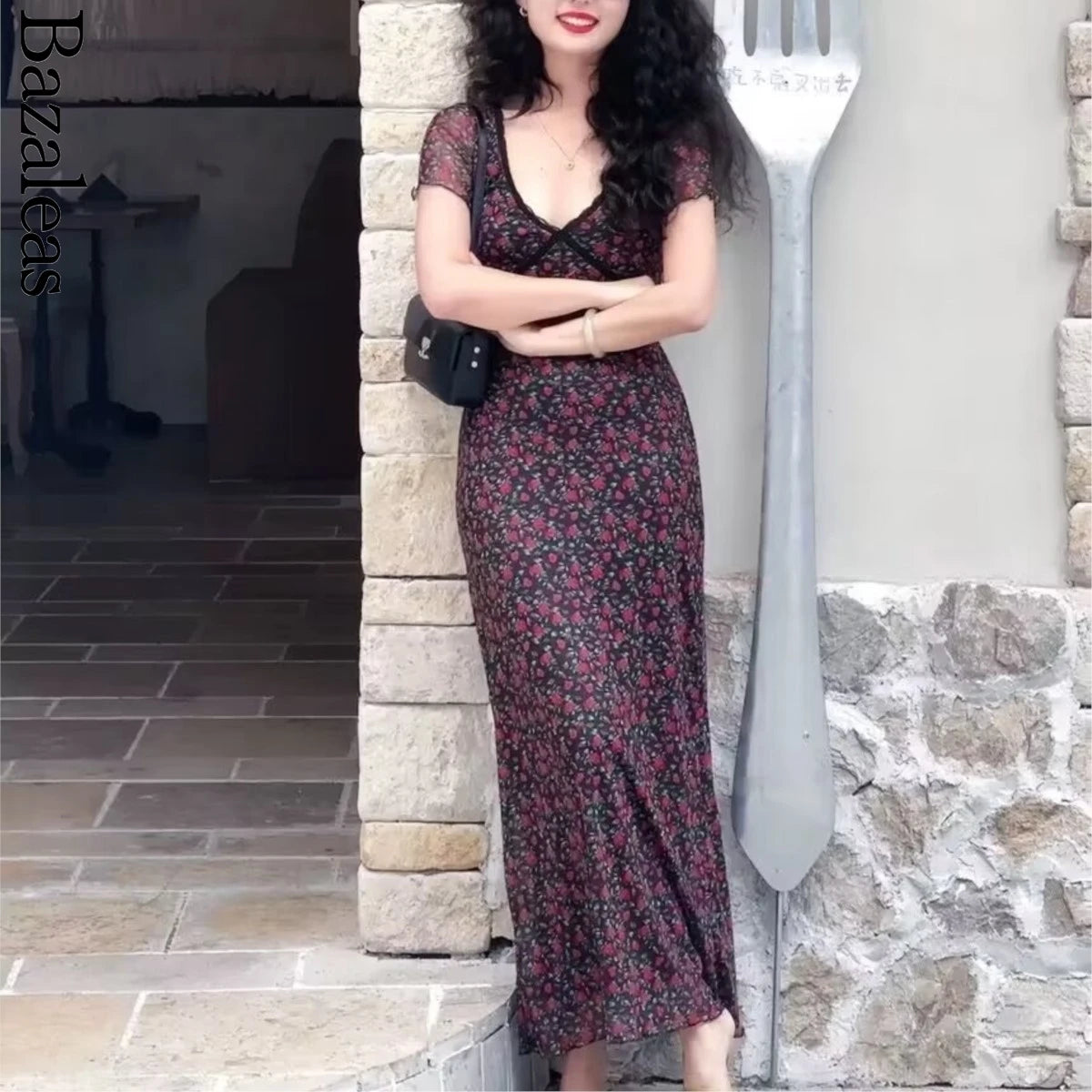 2025 Elegant lace Dress for summer V neckline Women short sleeve Party Dress midi rose Flora print holiday party dresses