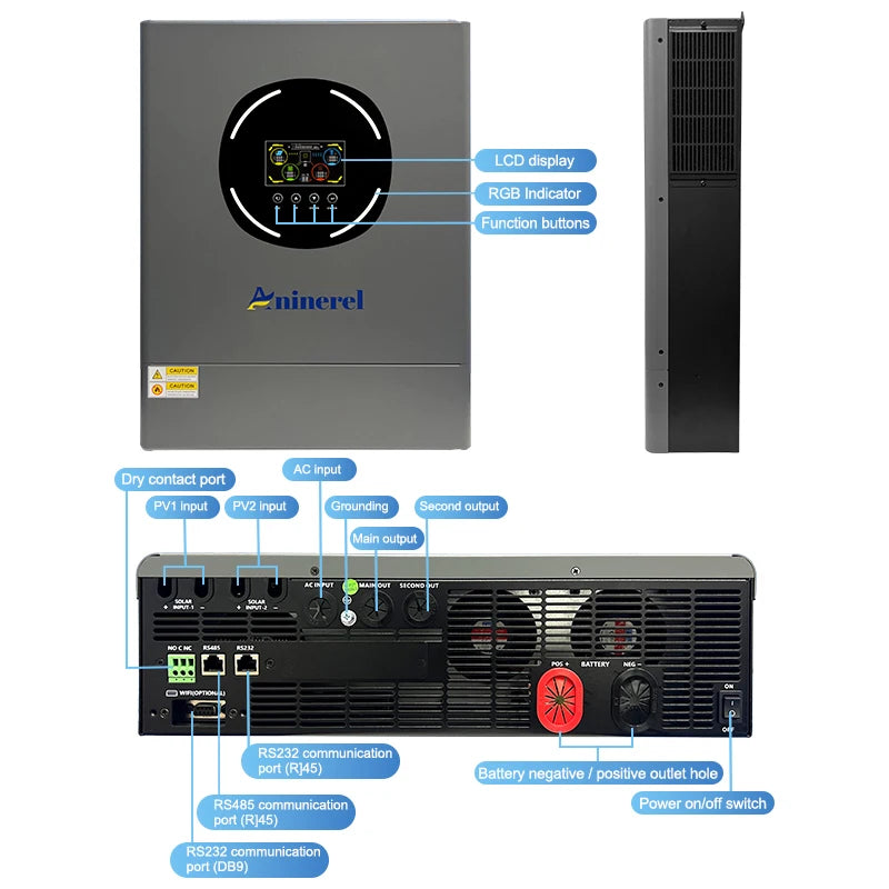 Aninerel 11KW 48V Hybrid Solar Inverter Dual Output Dual input Solar controller Color LCD Display MPPT 160A PV 500VDC RS232/485